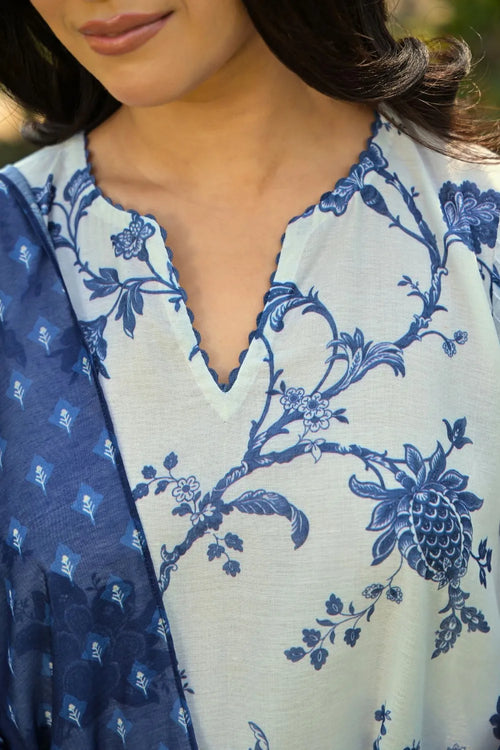 Blue Cotton Chanderi Kurta Set