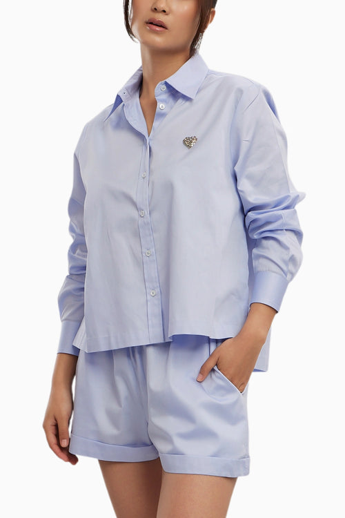 Sky Blue Swarovski Heart Crop Shirt