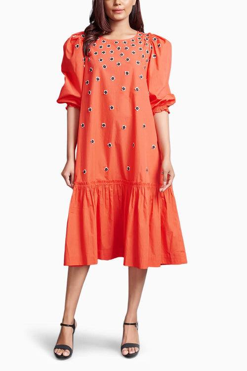 Orange Long Dress With Embroidery