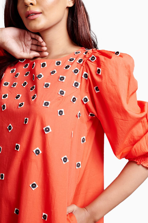 Orange Long Dress With Embroidery