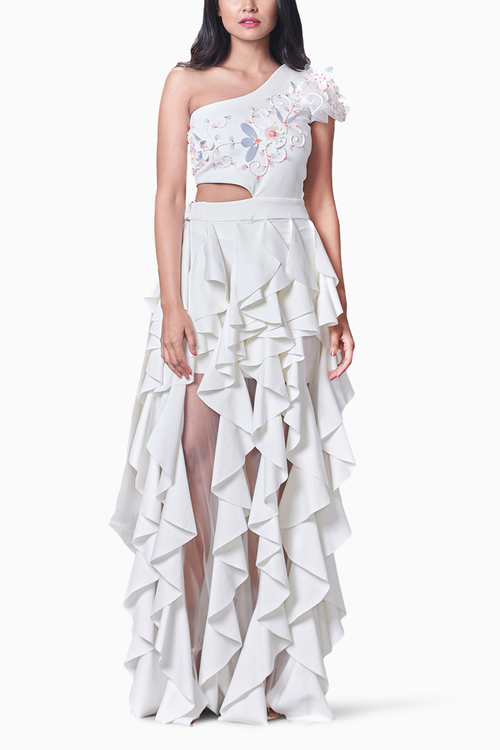 White Embroidered One Shoulder Ruffle Dress
