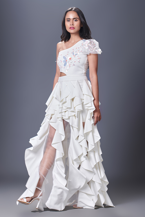 White Embroidered One Shoulder Ruffle Dress