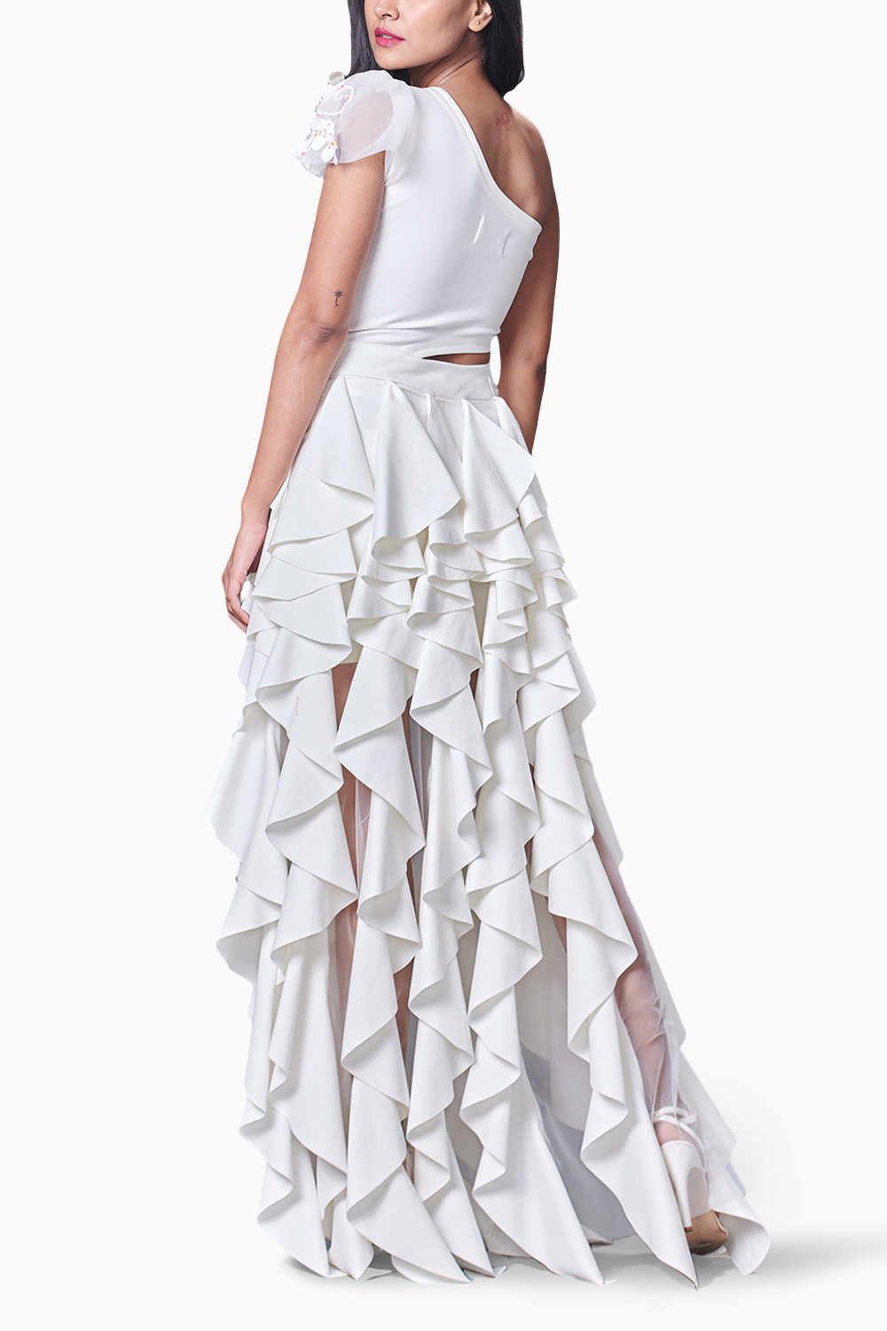 White Hand Embroidered One Shoulder Ruffle Dress