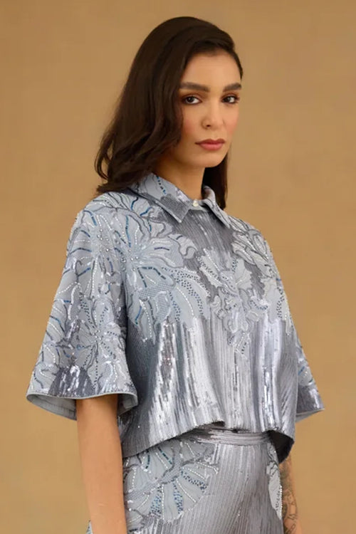 Blue Sequins Embroidered Shirt