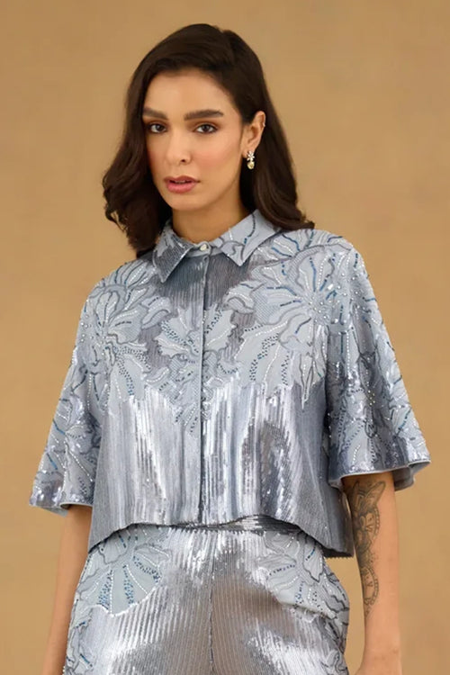 Blue Sequins Embroidered Shirt
