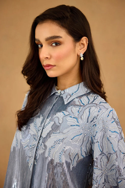 Blue Sequins Embroidered Shirt