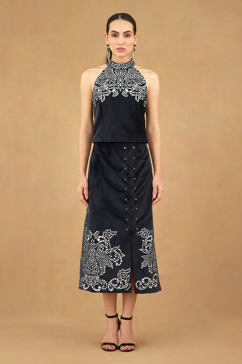 Black White Laser Cut Top and Skirt Set