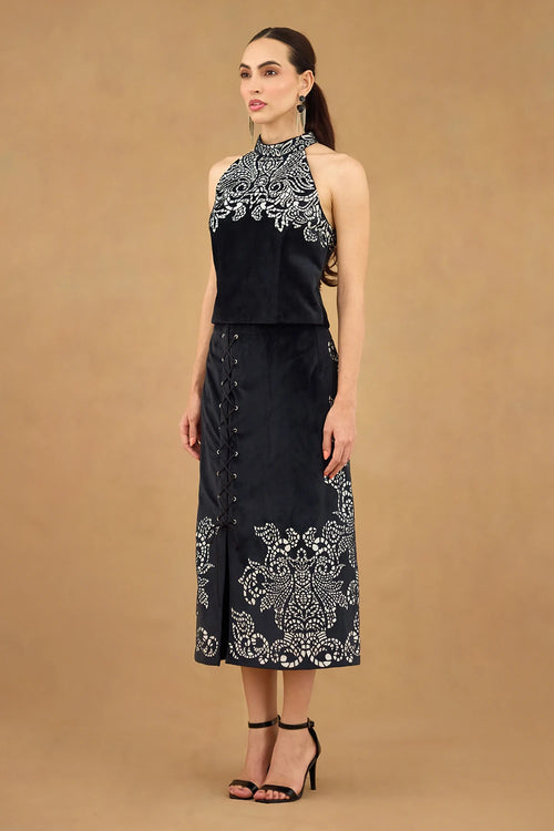 Black White Laser Cut Top and Skirt Set