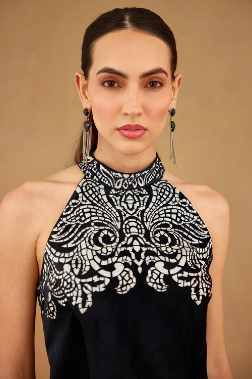 Black White Laser Cut Top and Skirt Set