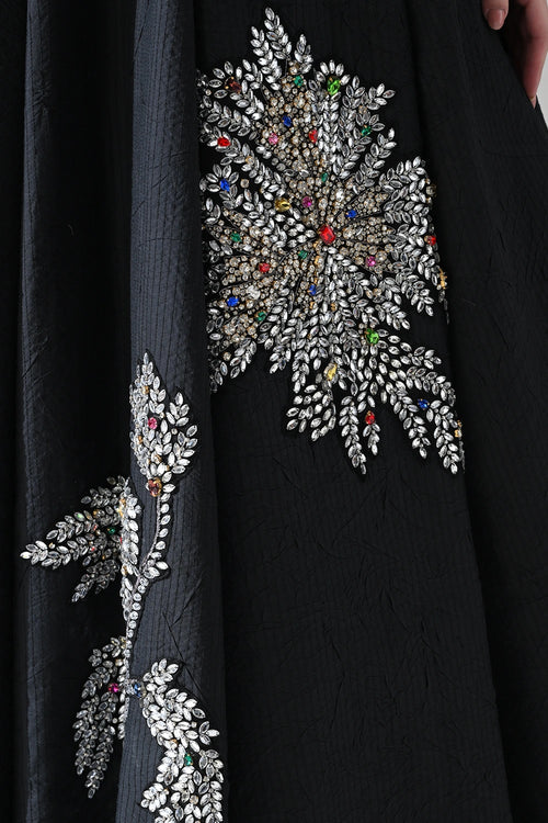 Black Strapless Gown With Cascading Hand-Embroidered Vine