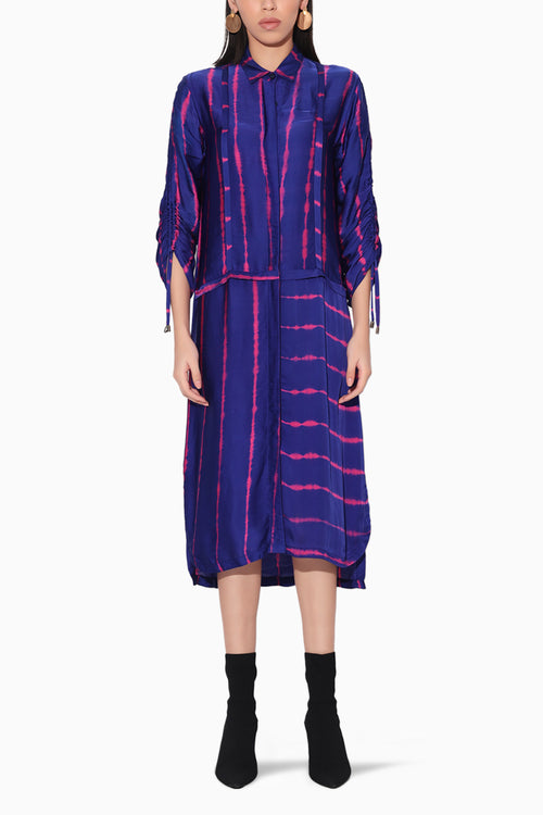 Zinnia Pink and Purple Shibori Stripe Shirt Dress