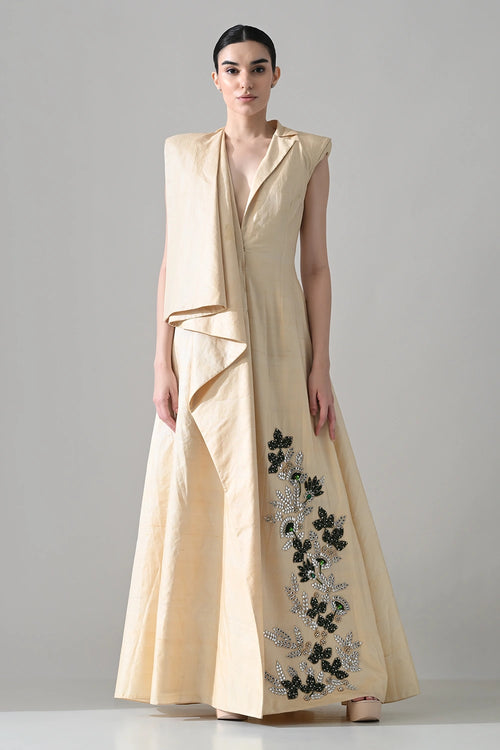 Cream Draped Gown With Hand-Embroidered Botanical Panel