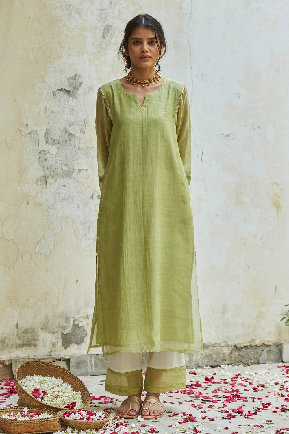 Pista Green and Ivory Chanderi Kurta Set