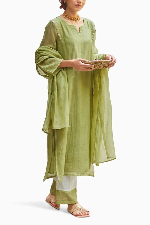 Pista Green and Ivory Chanderi Kurta Set