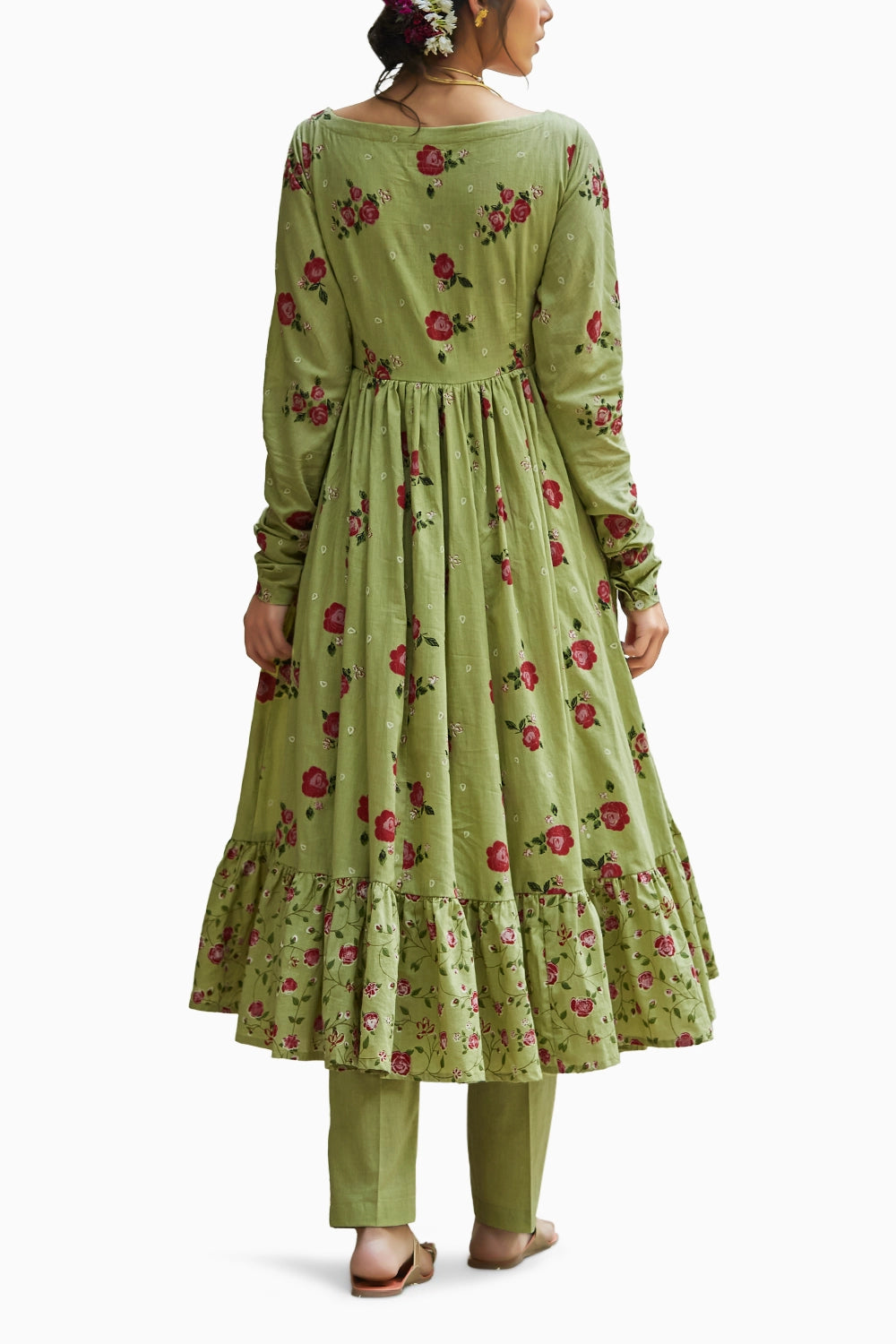 Pista Green Gather Anarkali Set with Embellishment