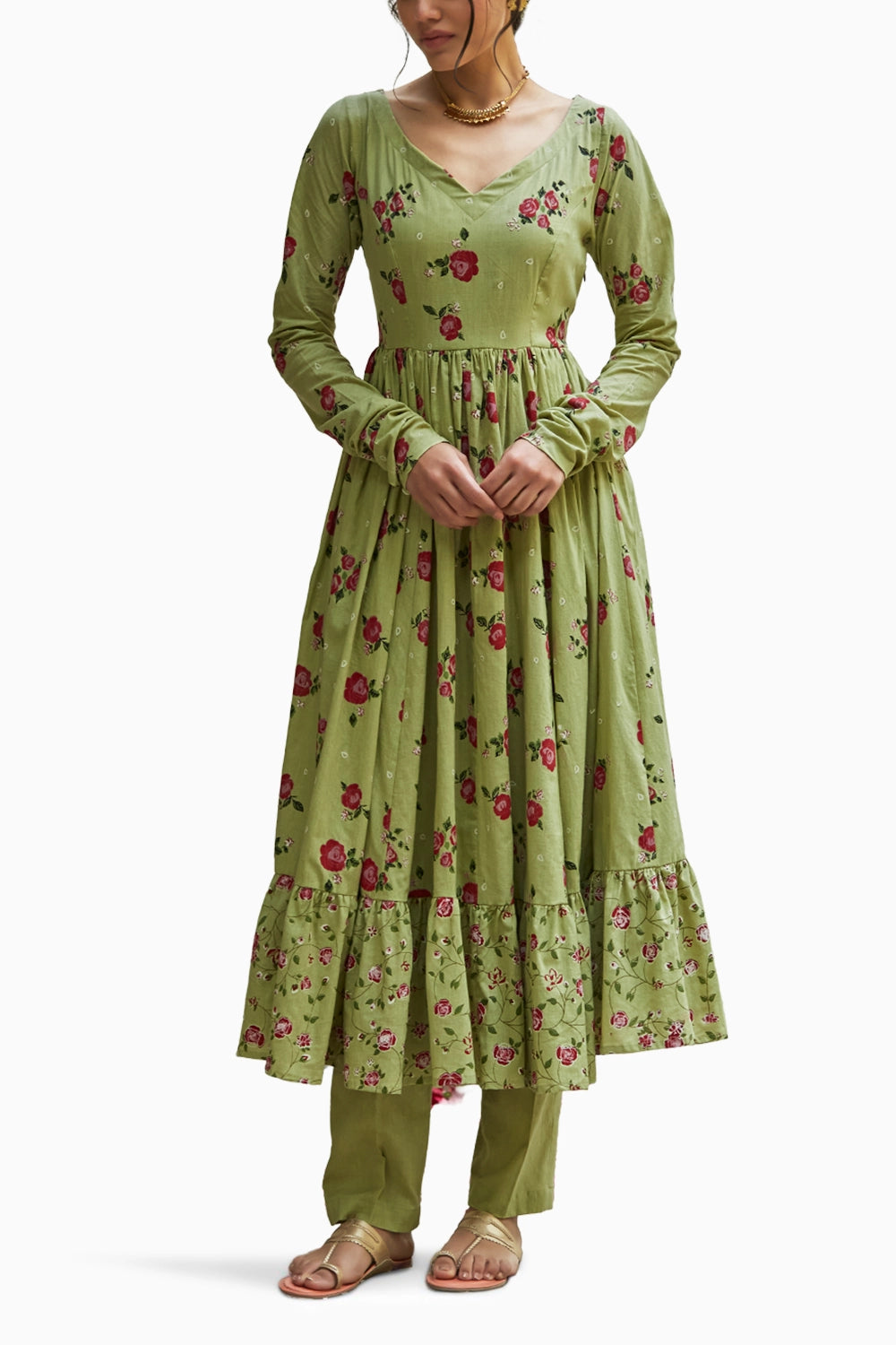 Pista Green Gather Anarkali Set with Embellishment