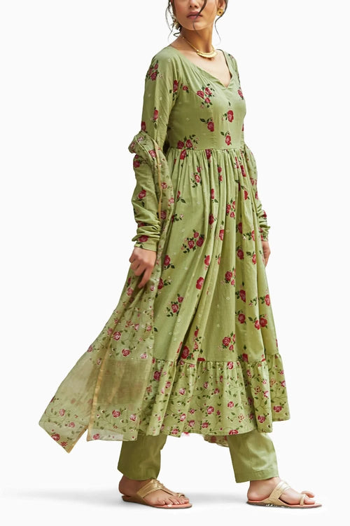 Pista Green Gather Anarkali Set with Embellishment