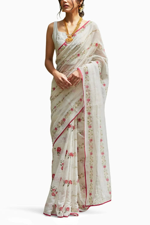 embellished Ivory handwoven chanderi Saree