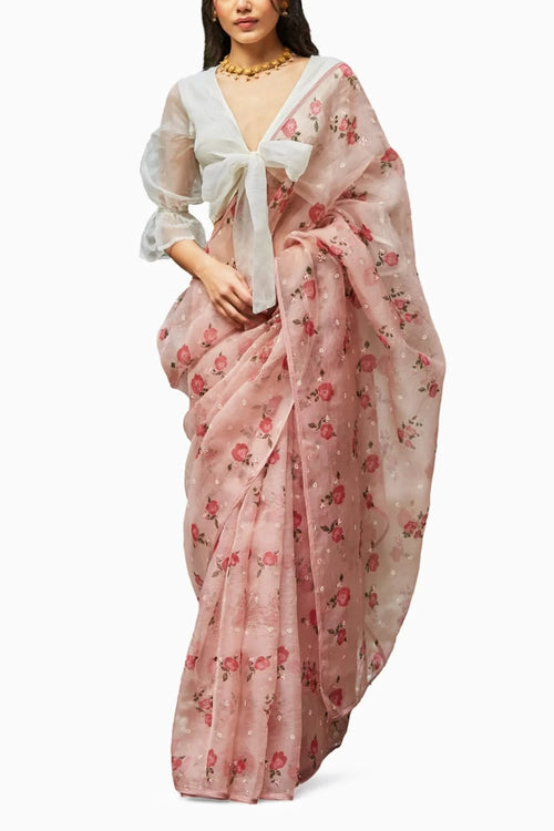 Embellishment Persin Rose Organza Silk Saree