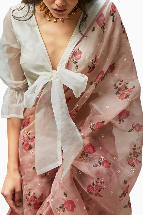 Embellishment Persin Rose Organza Silk Saree