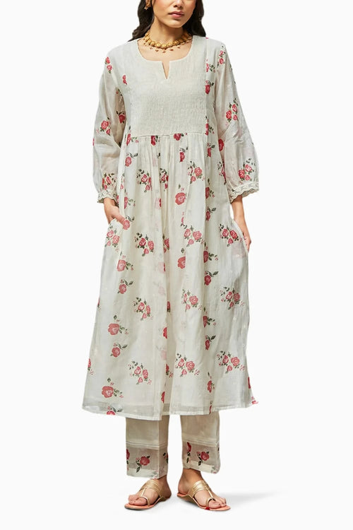 Chanderi Kurta Set with Smocking on Yoke