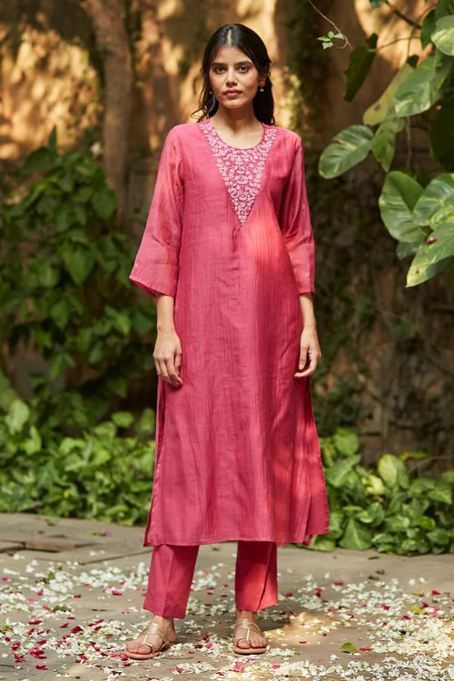 Embellishment Fuchsia and Old Rose Chanderi Kurta Set
