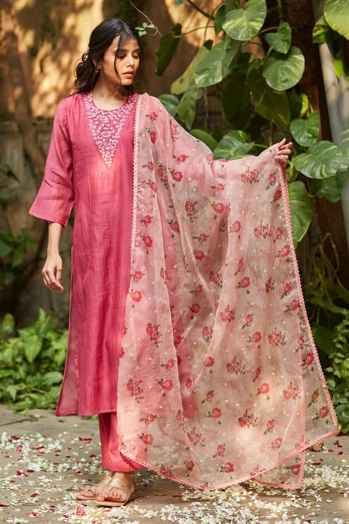 Embellishment Fuchsia and Old Rose Chanderi Kurta Set