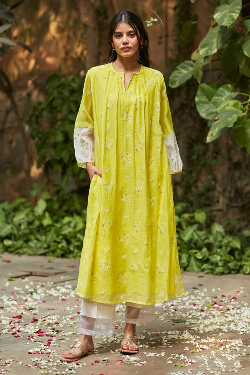 Embellished Ivory and Lime Gather Kurta Set