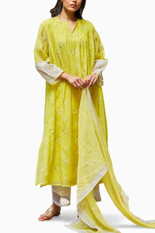 Embellished Ivory and Lime Gather Kurta Set