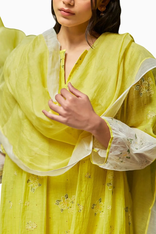 Embellished Ivory and Lime Gather Kurta Set