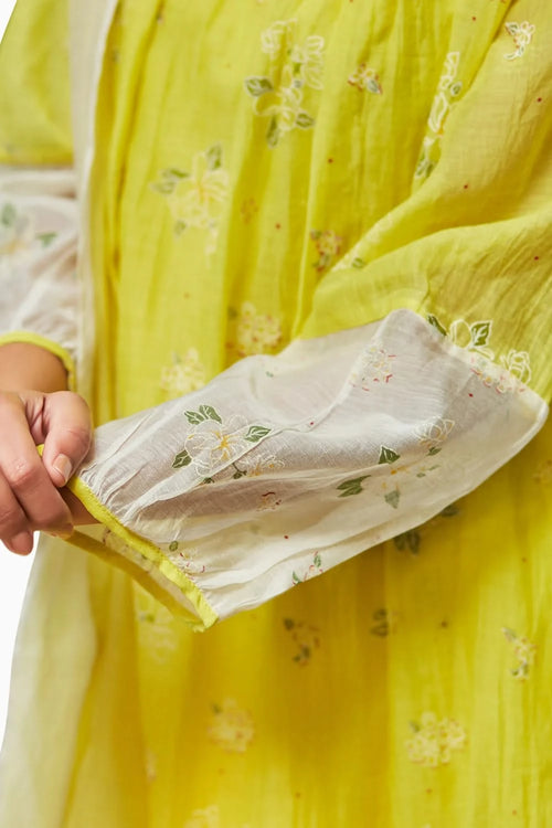 Embellished Ivory and Lime Gather Kurta Set