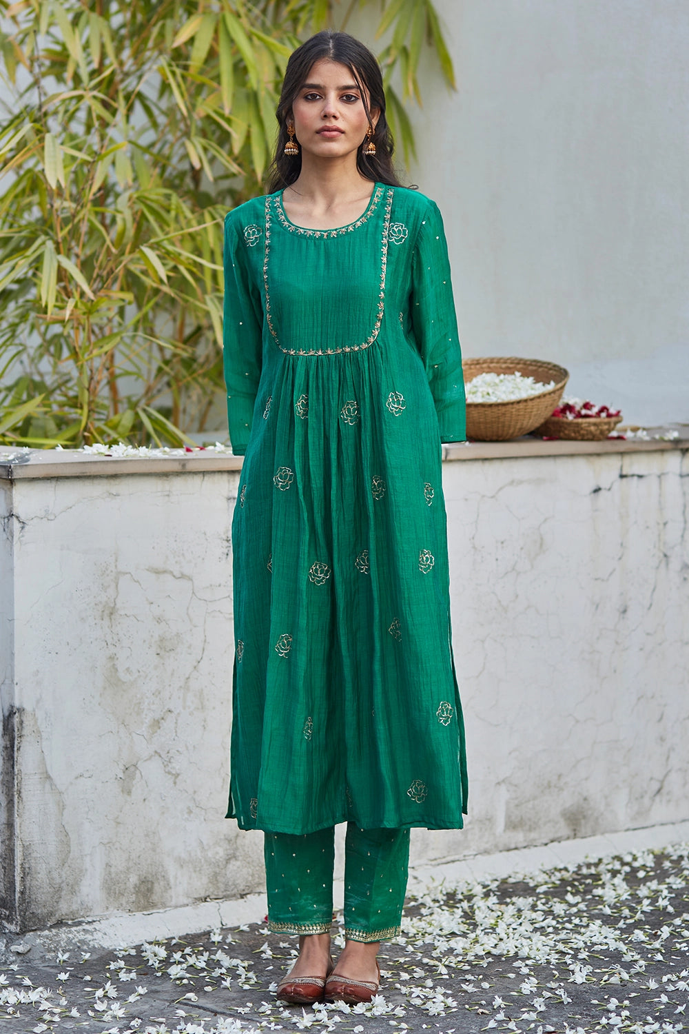 Embellished Green Chanderi Kurta Set