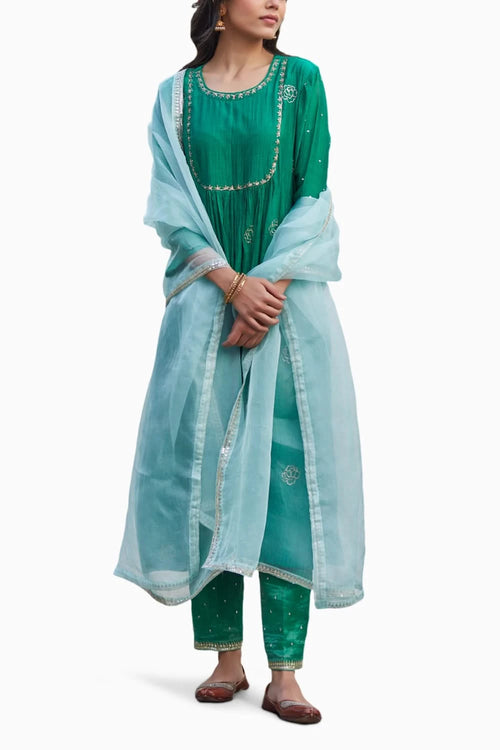 Embellished Green Chanderi Kurta Set
