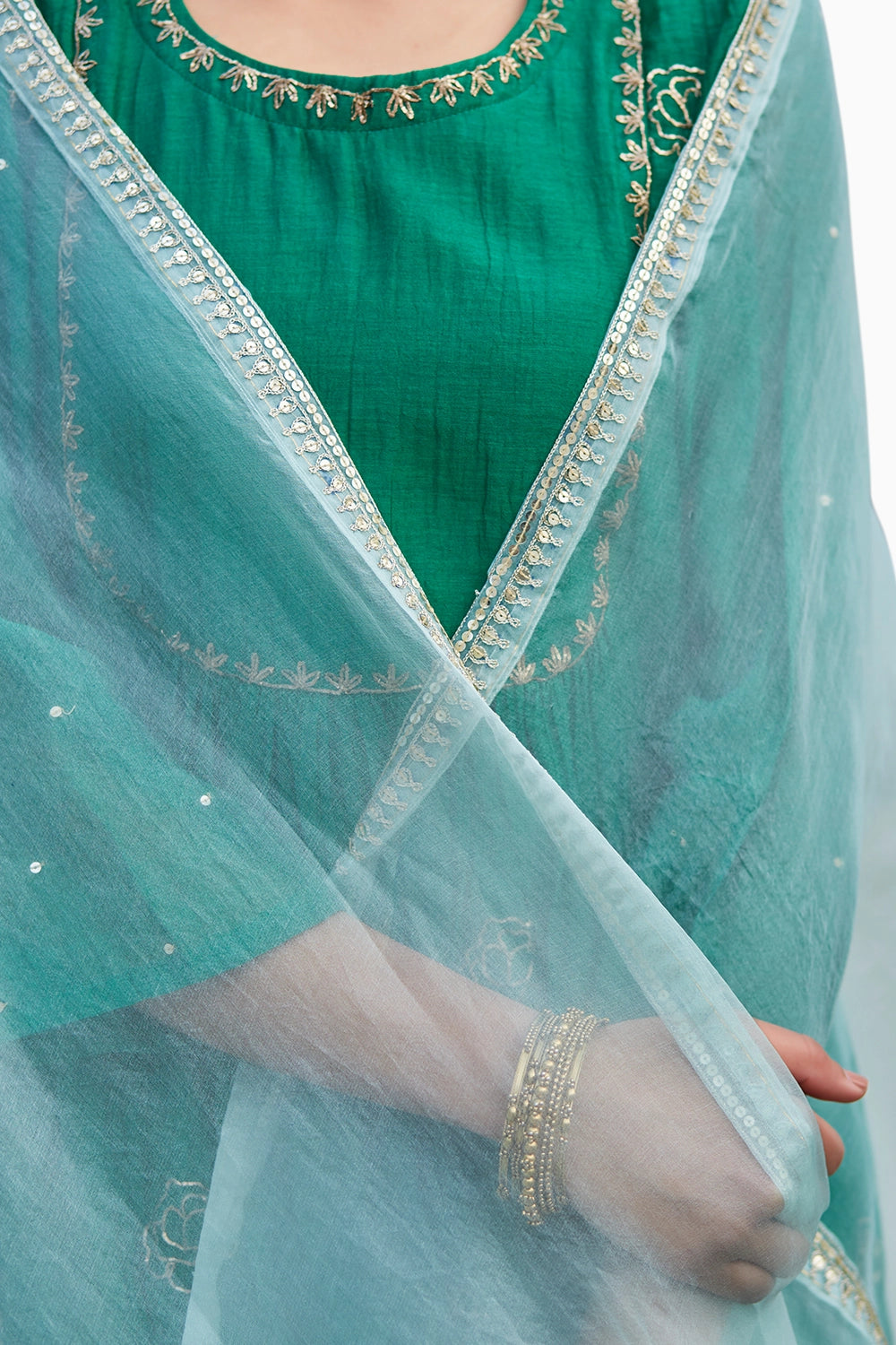 Embellished Green Chanderi Kurta Set