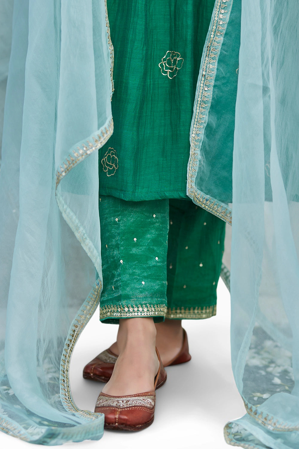 Embellished Green Chanderi Kurta Set