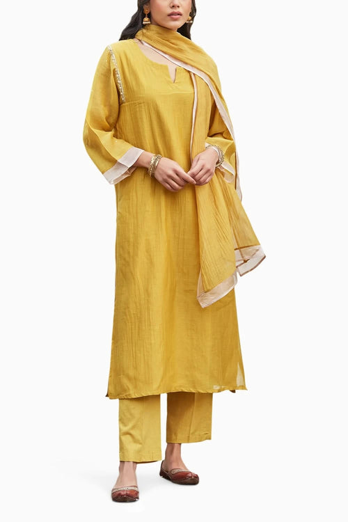 Tissue Detailing ochre chanderi Kurta Set