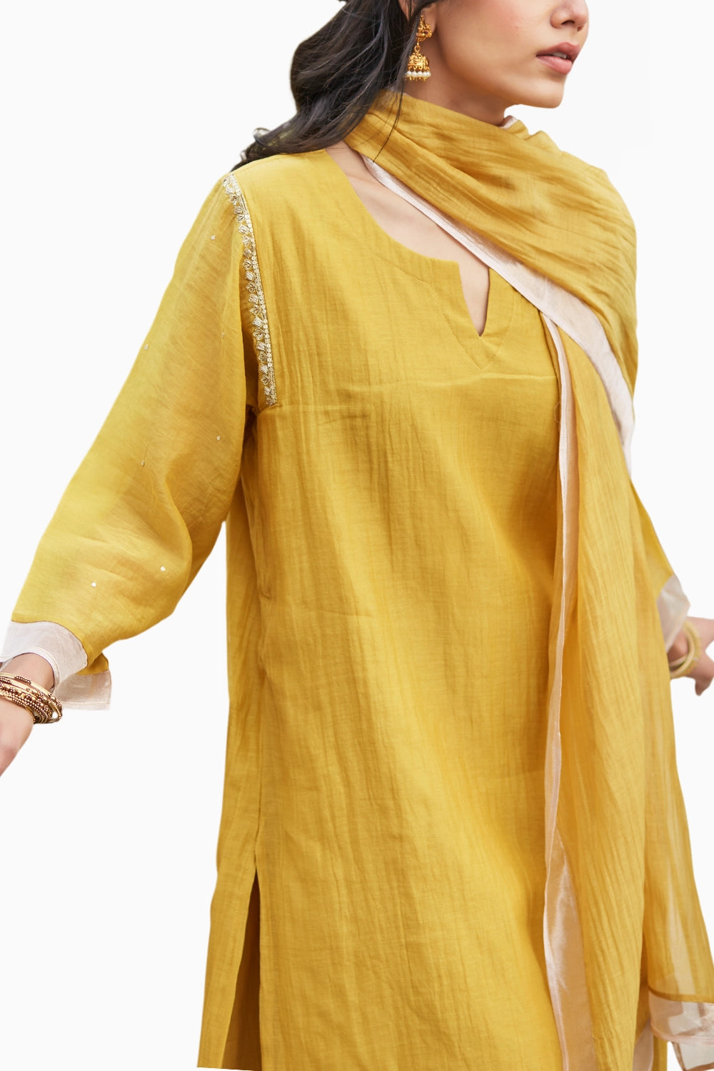 Tissue Detailing ochre chanderi Kurta Set