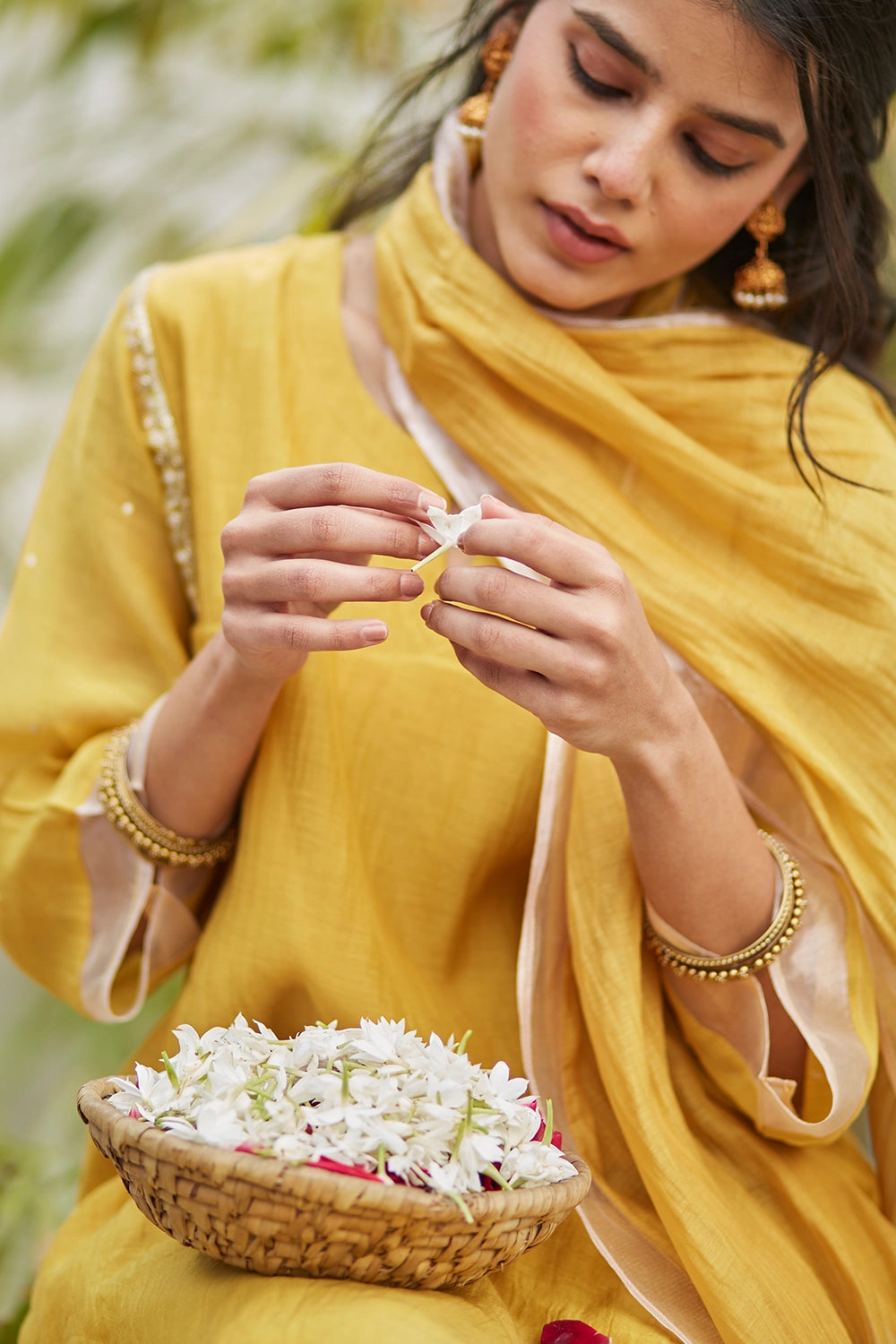 Tissue Detailing ochre chanderi Kurta Set