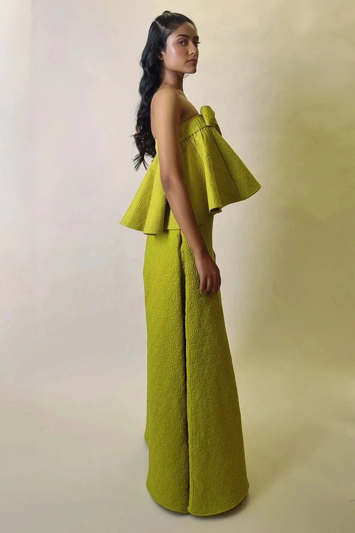 Chartreuse Quilted Tonal Hexagon Bow Top with Pants