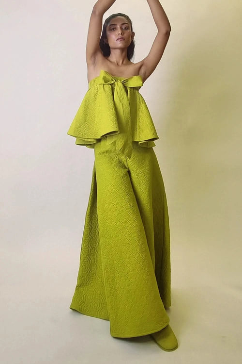 Chartreuse Quilted Tonal Hexagon Bow Top with Pants