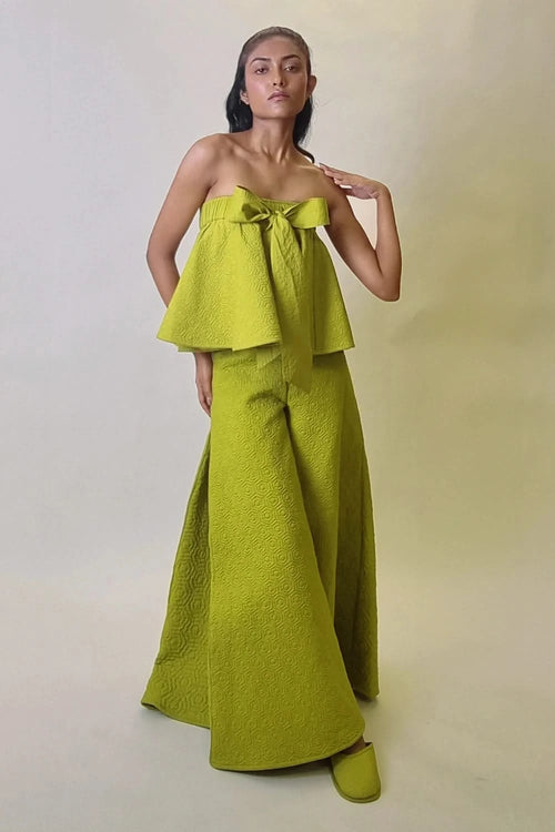 Chartreuse Quilted Tonal Hexagon Bow Top with Pants
