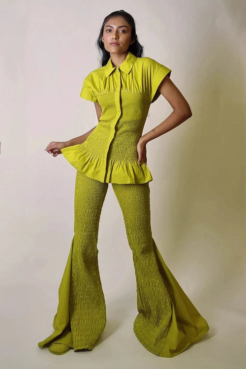 Chartreuse Smocked Granular Texture Top with Flare Pants