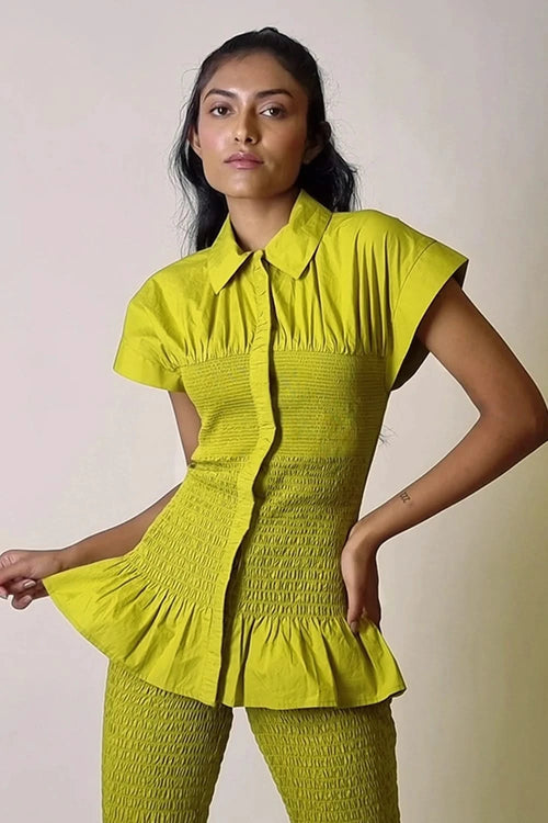 Chartreuse Smocked Granular Texture Top