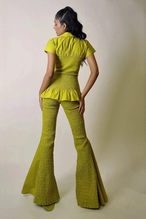 Chartreuse Smocked Granular Texture Top with Flare Pants