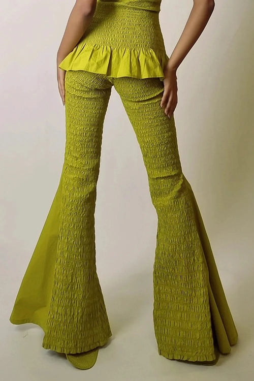 Chartreuse Smocked Granular Texture Flare Pants