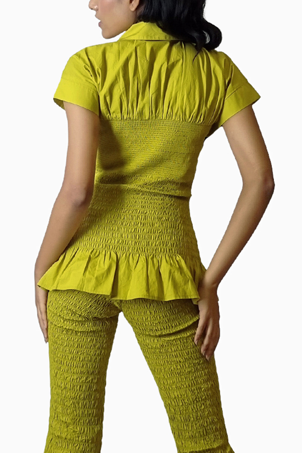 Chartreuse Smocked Granular Texture Top