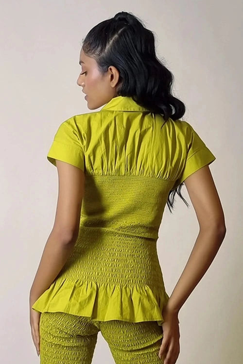 Chartreuse Smocked Granular Texture Top