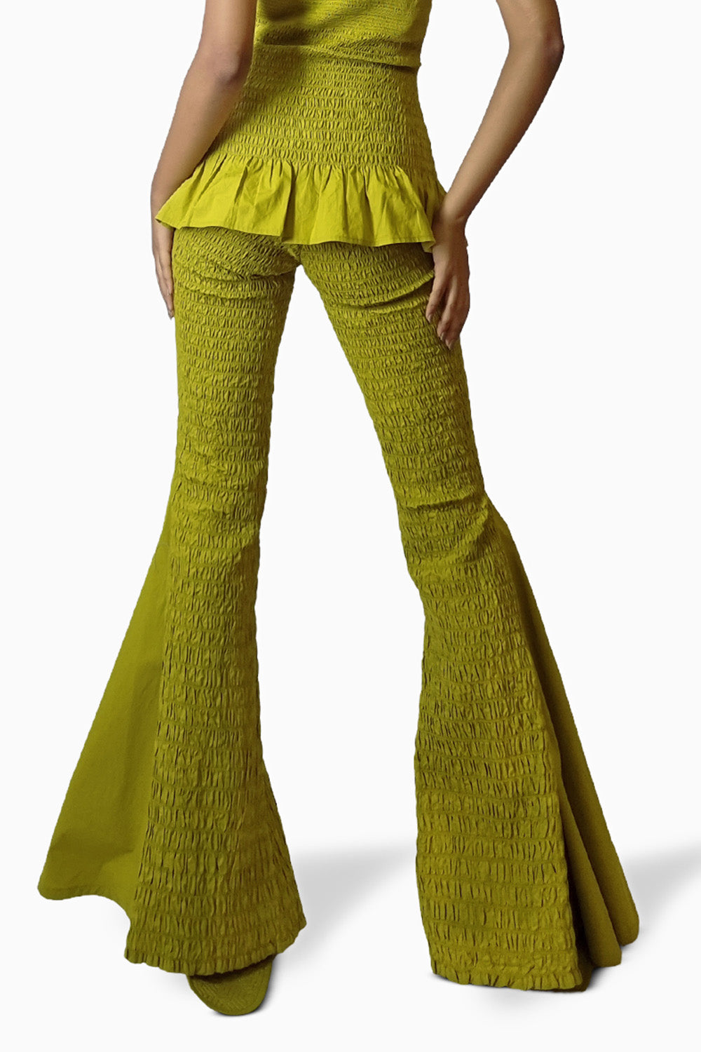 Chartreuse Smocked Granular Texture Flare Pants