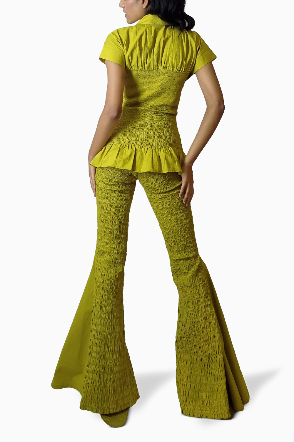 Chartreuse Smocked Granular Texture Top with Flare Pants