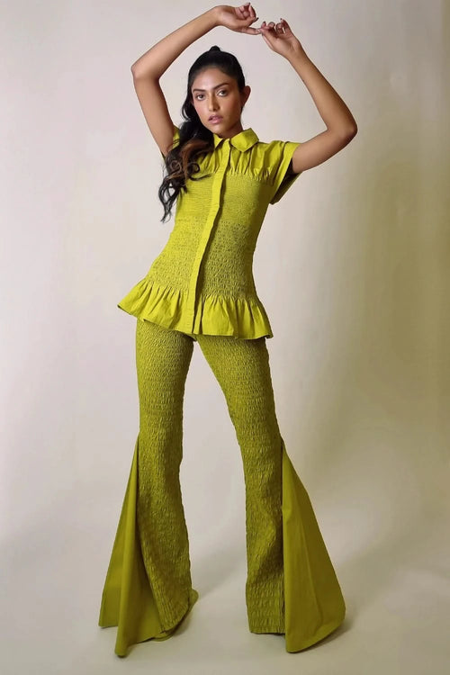 Chartreuse Smocked Granular Texture Flare Pants